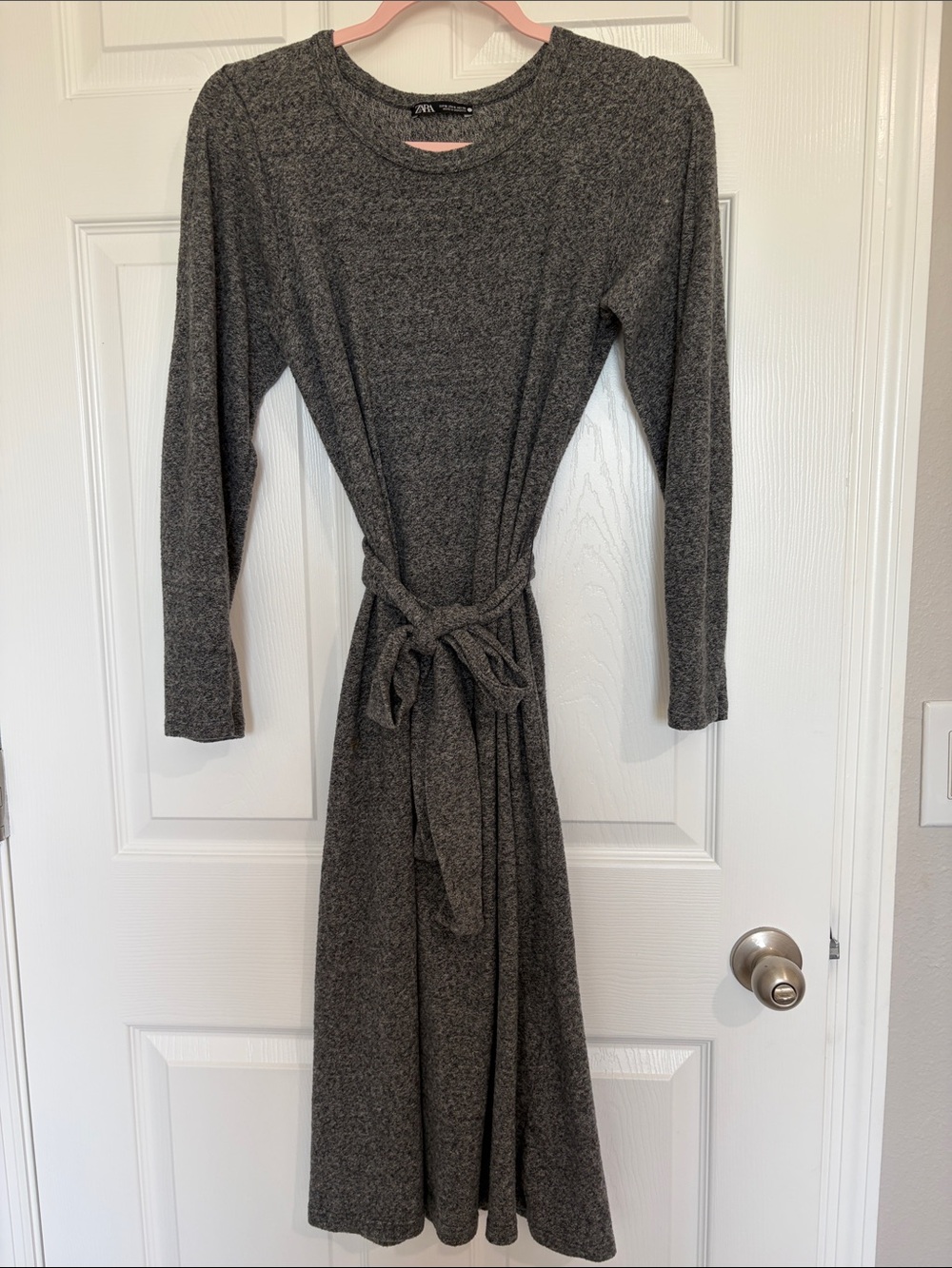 Zara Charcoal Gray Long-Sleeve Midi Tie-Waist Sweater Midi Dress